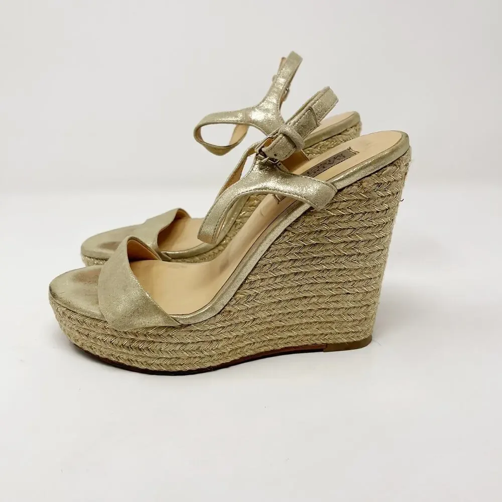 Badgley Mischka 5.5 Gold Leather Espadrille Wedge Sandals Ankle Wrap 4.5